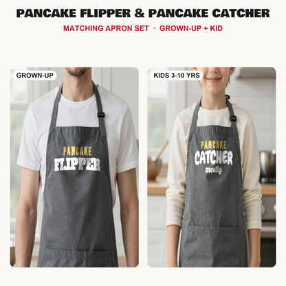 Pancake Flipper & Pancake Catcher matching apron set in Dark Grey: grown-up and kids aprons, our photo