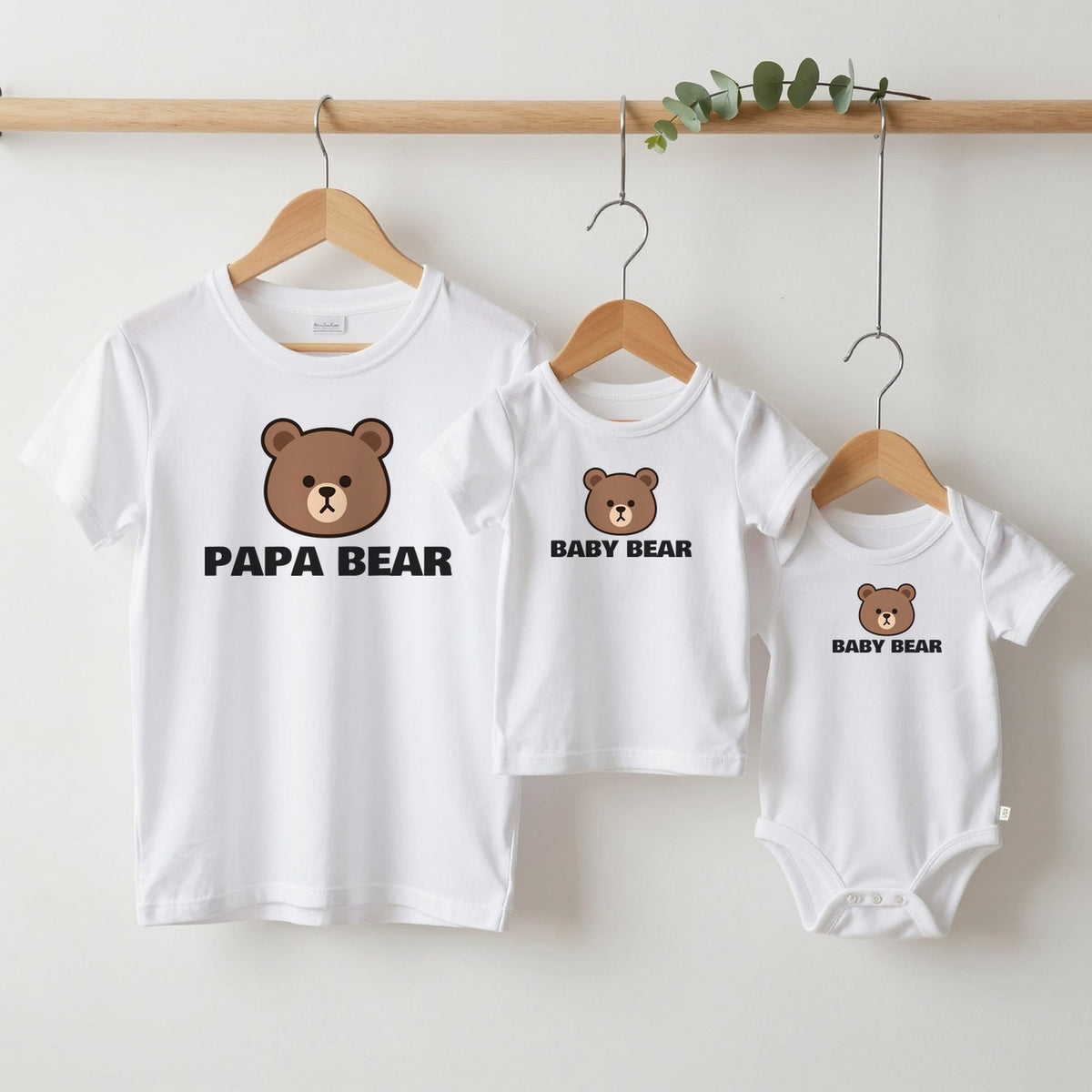 Papa Bear & Baby Bear grown-up tee, kids tee and baby grow on hangers