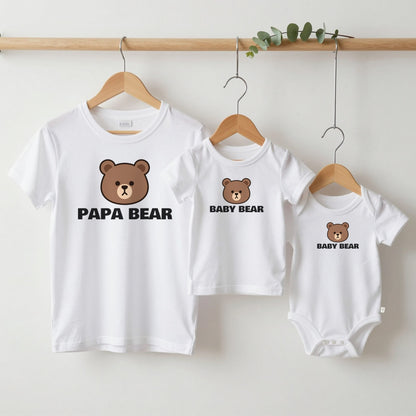 Papa Bear & Baby Bear grown-up tee, kids tee and baby grow on hangers