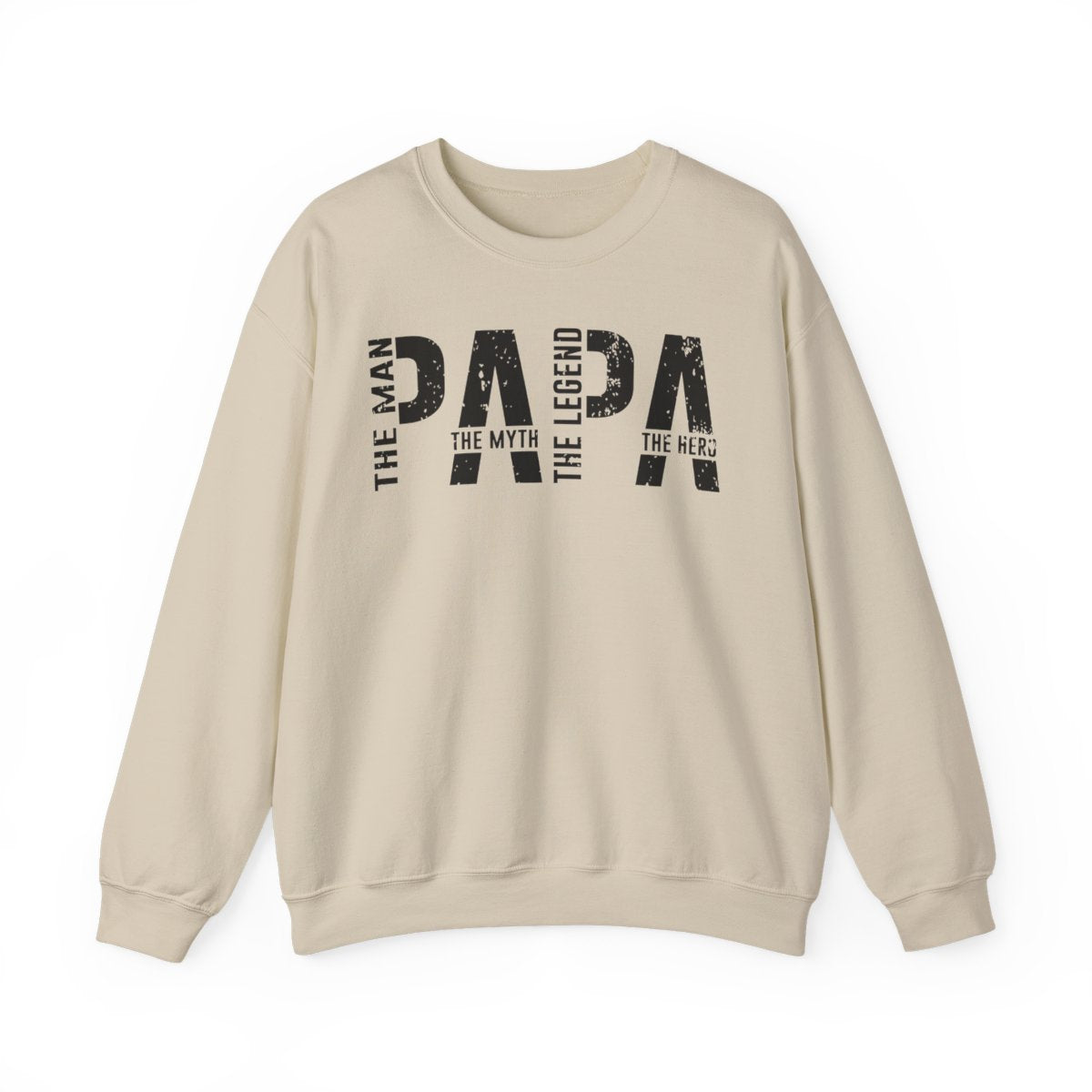 sand sweatshirt with papa the man the myth the legend bold text graphic