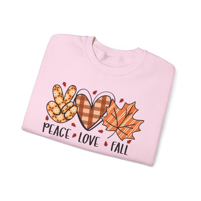 close-up of peace love fall printed design on sweatshirt