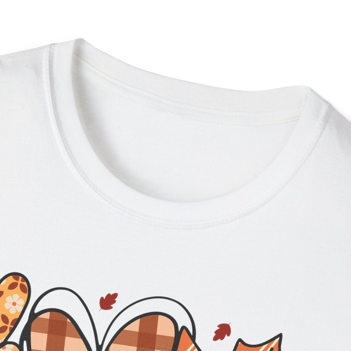 light blue and white t-shirts showing peace love fall print close-up