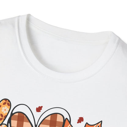 light blue and white t-shirts showing peace love fall print close-up