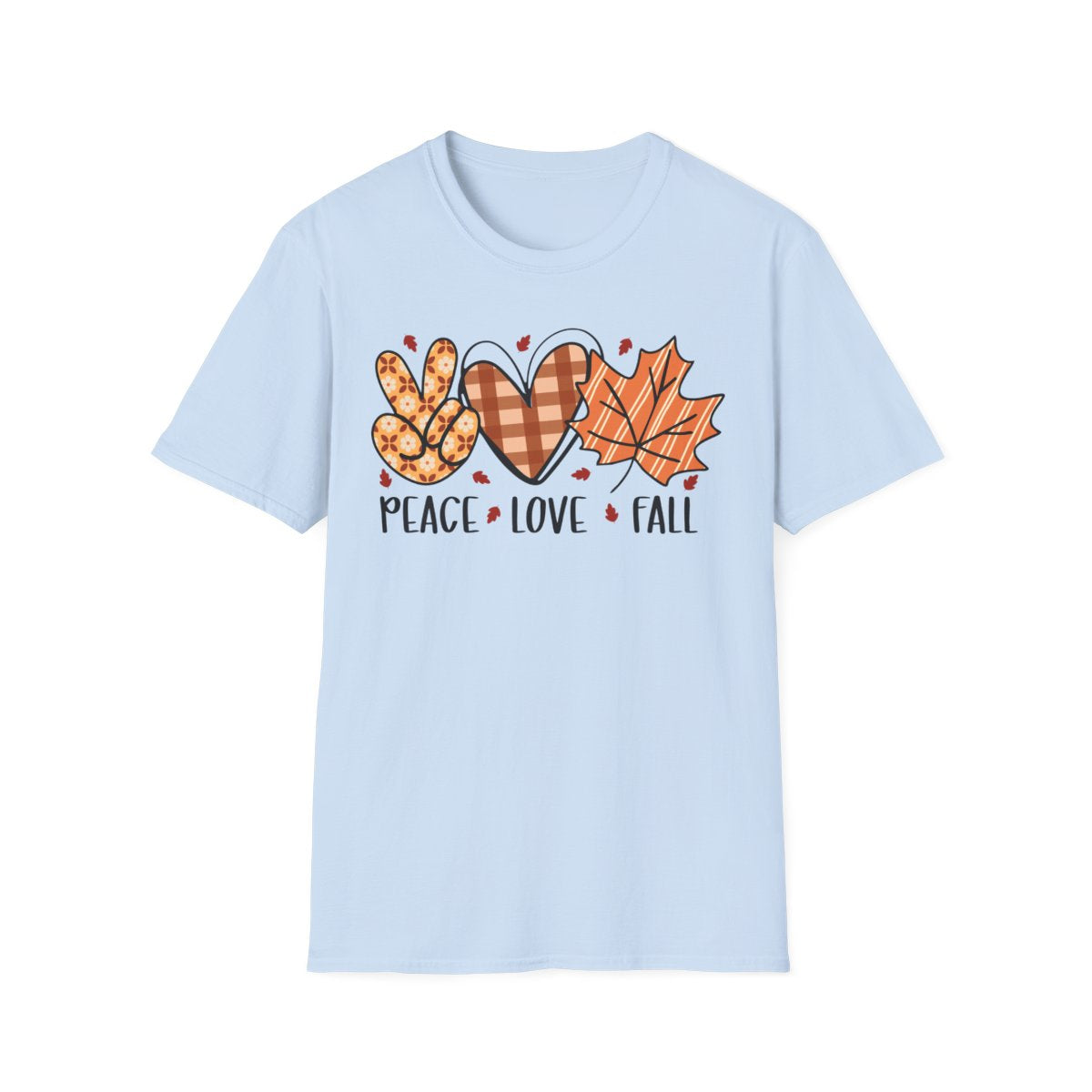white t-shirt with peace sign and autumn leaves graphic