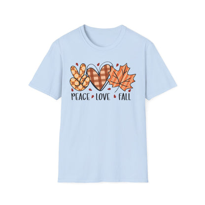 white t-shirt with peace sign and autumn leaves graphic