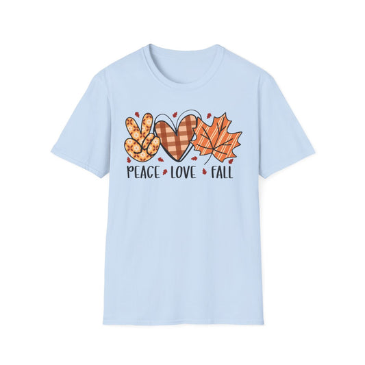 white t-shirt with peace sign and autumn leaves graphic
