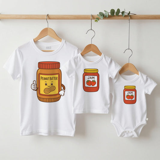 Peanut Butter & Jam grown-up tee, kids tee and baby grow on hangers