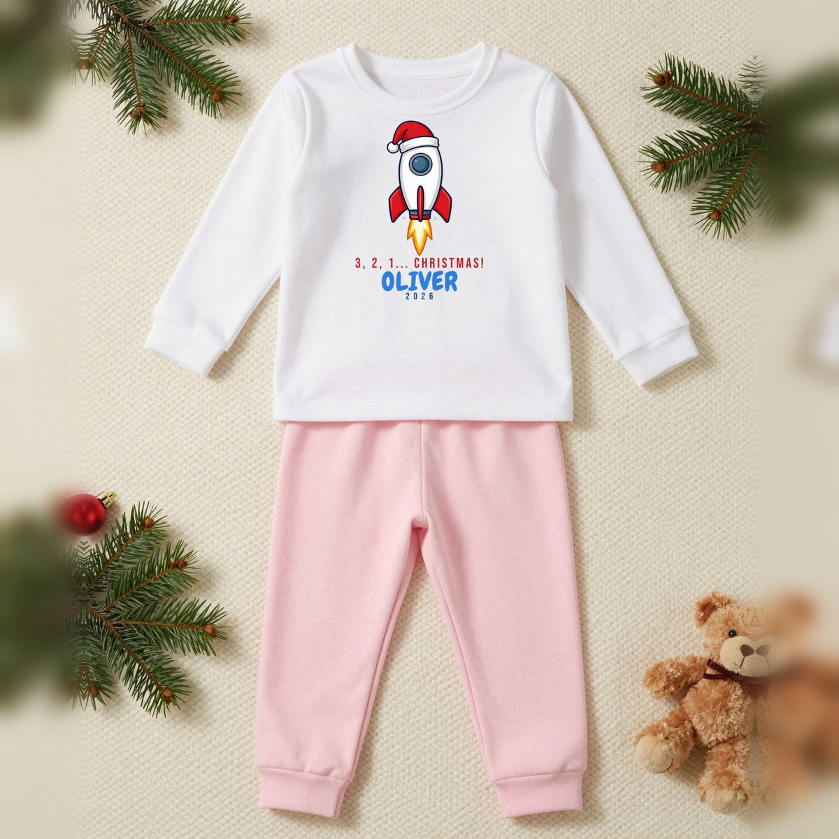 3 2 1 Christmas Rocket Personalised Kids Christmas Pyjamas, Kids in White / Pink, our photo