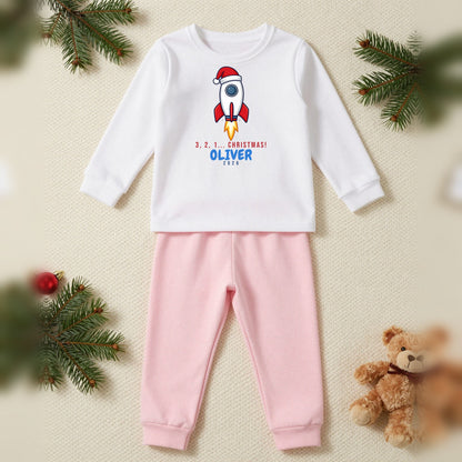 3 2 1 Christmas Rocket Personalised Kids Christmas Pyjamas, Kids in White / Pink, our photo