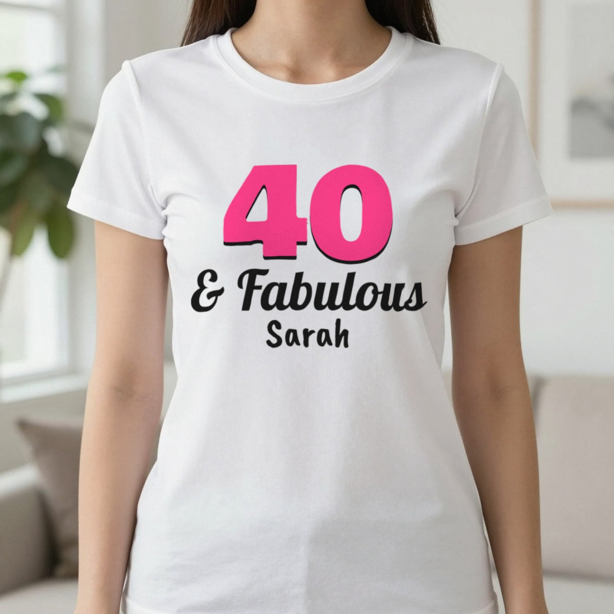 Personalised 40 And Fabulous T-Shirt T-Shirt in White, worn, our photo