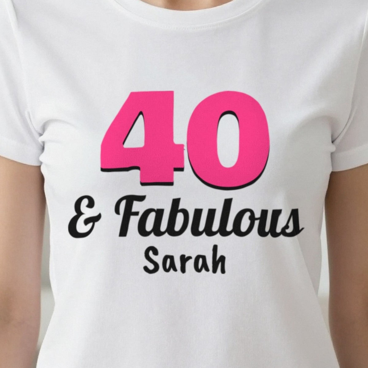 Personalised 40 And Fabulous T-Shirt print close-up, our photo