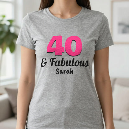 Personalised 40 And Fabulous T-Shirt T-Shirt in Sport Grey, worn, our photo