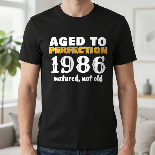 Personalised Aged To Perfection Year T-Shirt T-Shirt in Black, worn, our photo