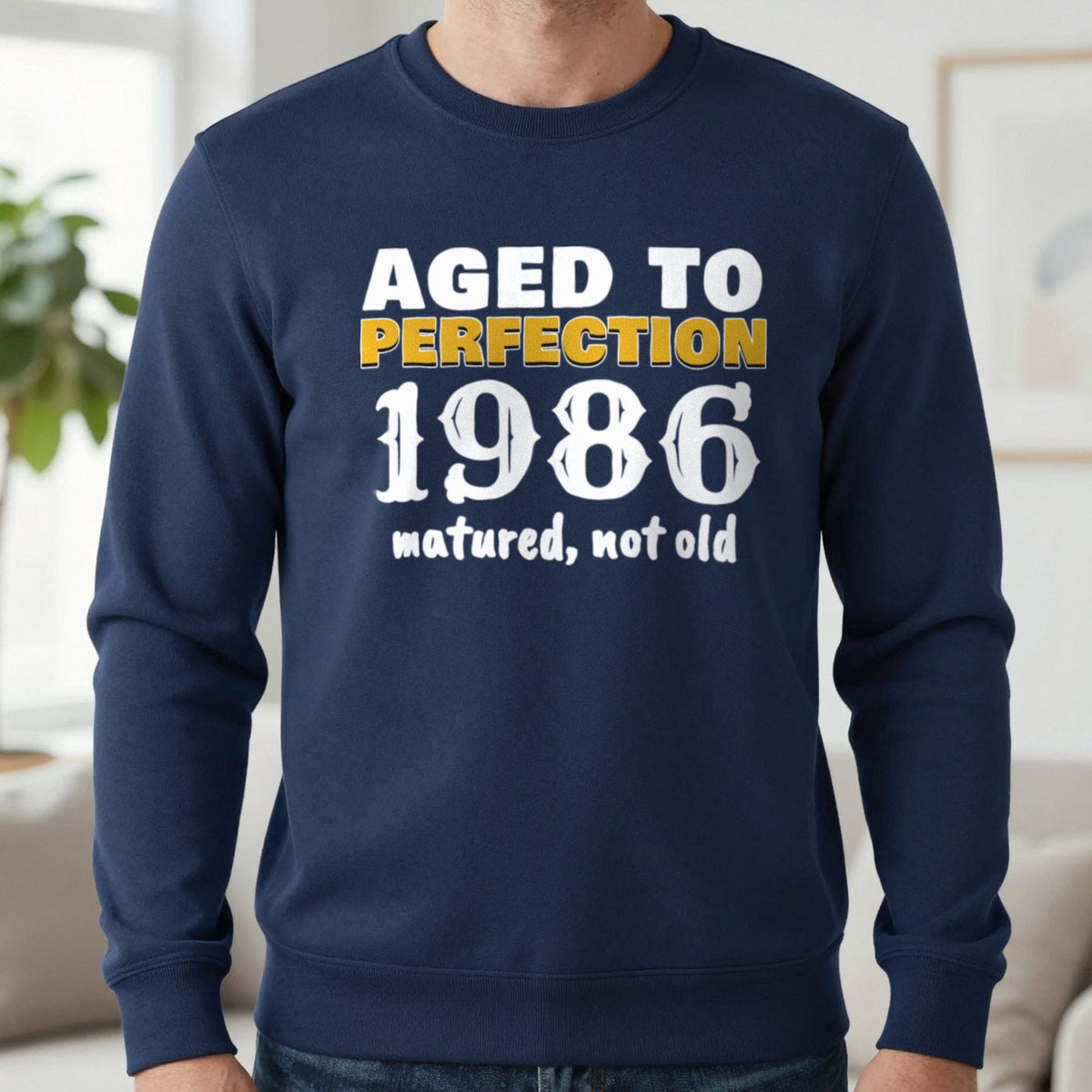 Personalised Aged To Perfection Year T-Shirt Sweatshirt in Navy, worn, our photo