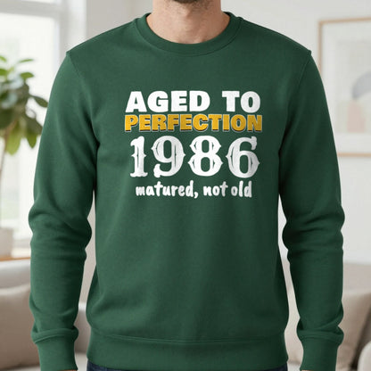 Personalised Aged To Perfection Year T-Shirt Sweatshirt in Forest Green, worn, our photo