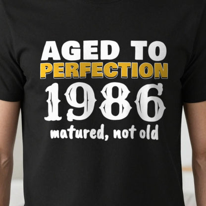 Personalised Aged To Perfection Year T-Shirt print close-up, our photo