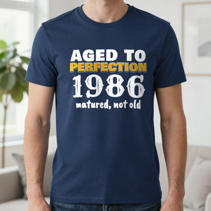 Personalised Aged To Perfection Year T-Shirt T-Shirt in Navy, worn, our photo