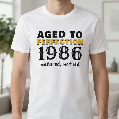 Personalised Aged To Perfection Year T-Shirt T-Shirt in White, worn, our photo