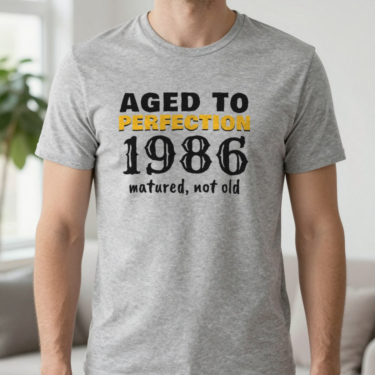 Personalised Aged To Perfection Year T-Shirt T-Shirt in Sport Grey, worn, our photo