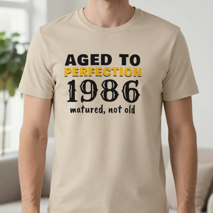 Personalised Aged To Perfection Year T-Shirt T-Shirt in Sand, worn, our photo