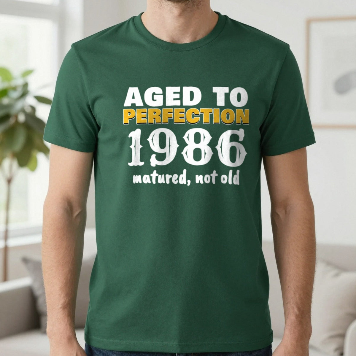 Personalised Aged To Perfection Year T-Shirt T-Shirt in Forest Green, worn, our photo