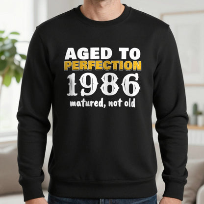 Personalised Aged To Perfection Year T-Shirt Sweatshirt in Black, worn, our photo