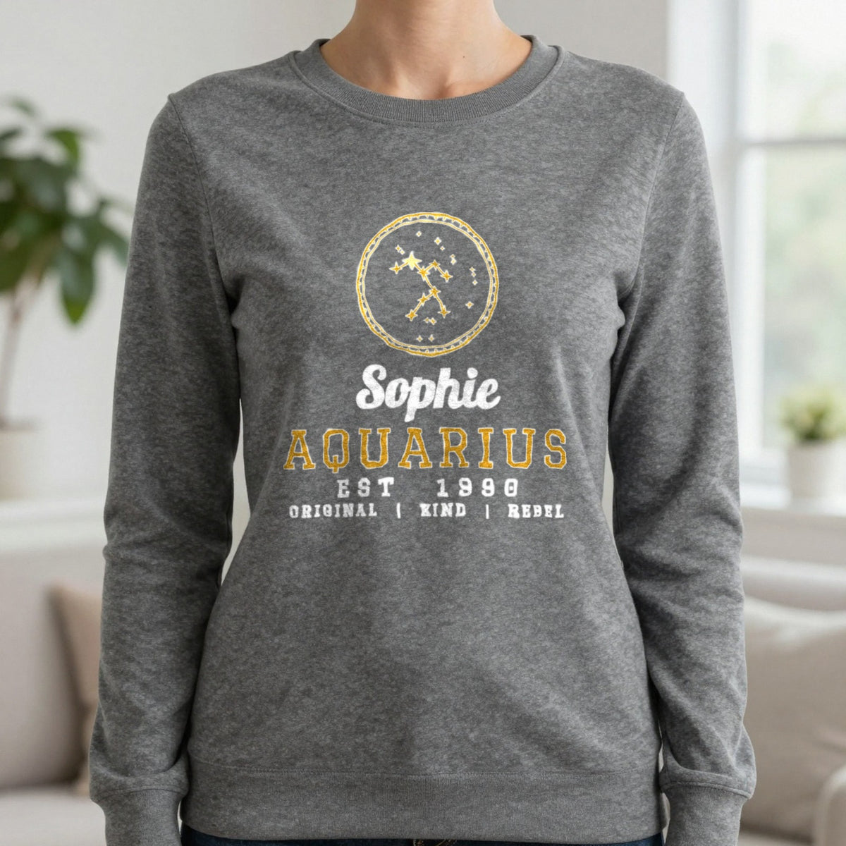 Personalised Aquarius T-Shirt & Sweatshirt Sweatshirt in Charcoal, worn, our photo