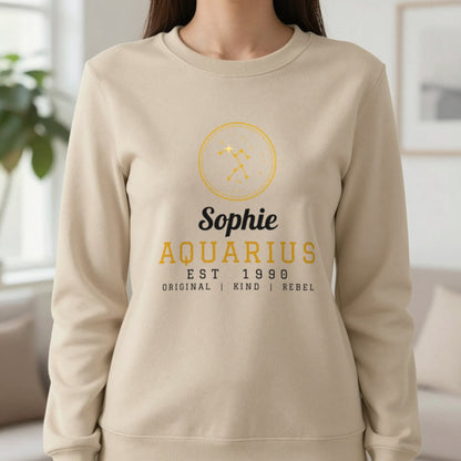 Personalised Aquarius T-Shirt & Sweatshirt Sweatshirt in Sand, worn, our photo