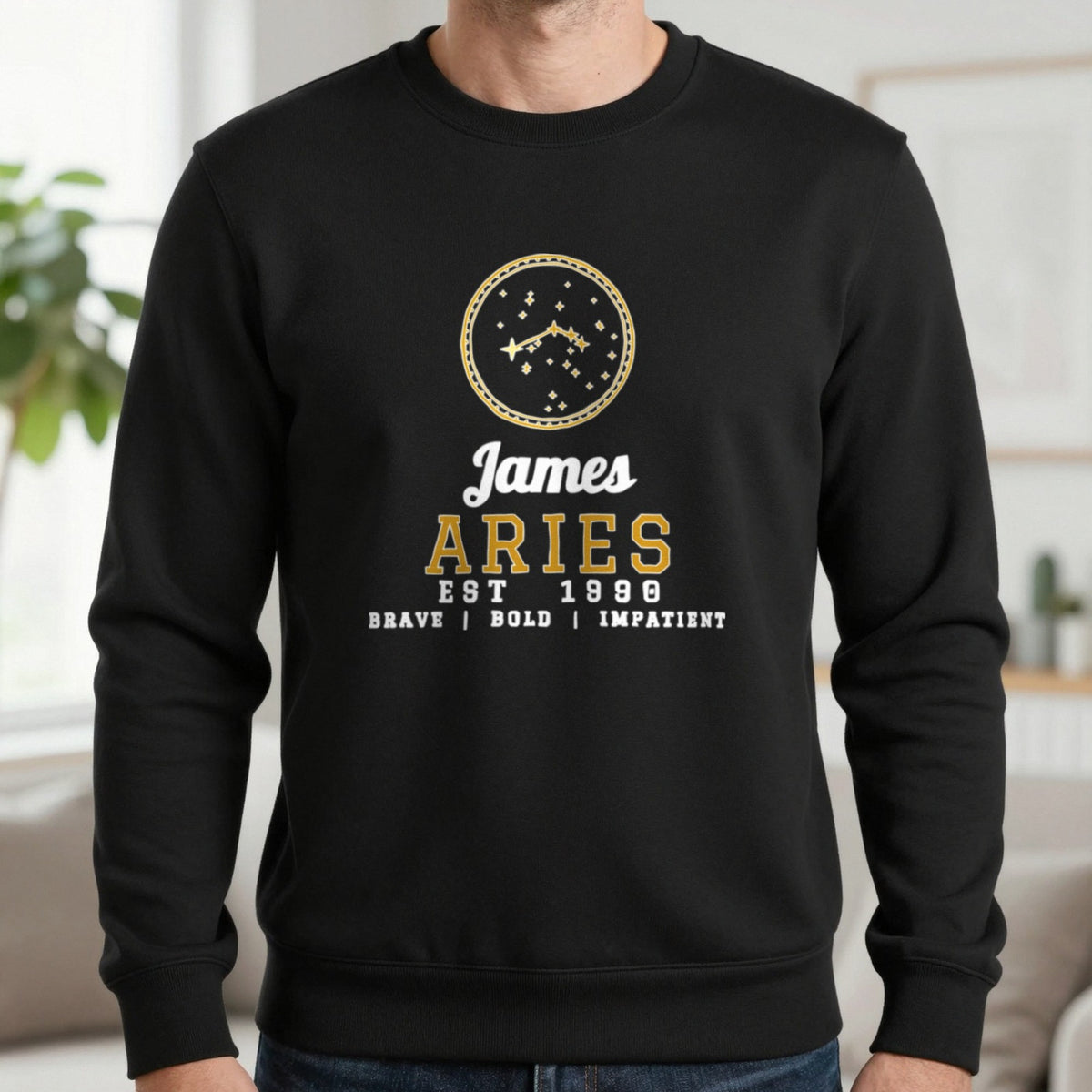 Personalised Aries T-Shirt & Sweatshirt Sweatshirt in Black, worn, our photo