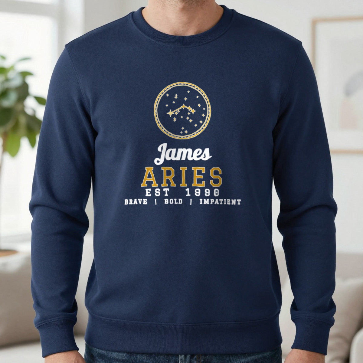 Personalised Aries T-Shirt & Sweatshirt Sweatshirt in Navy, worn, our photo