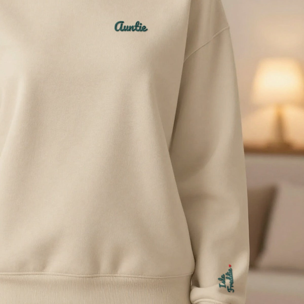 Personalised Embroidered Auntie Sweatshirt with Names on the Sleeve, worn