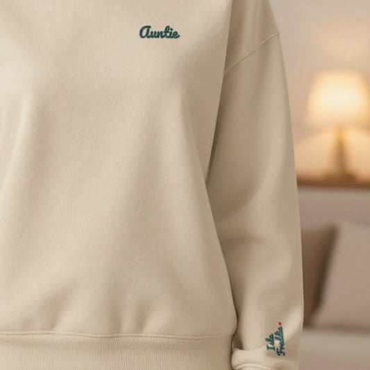 Personalised Embroidered Auntie Sweatshirt with Names on the Sleeve, worn