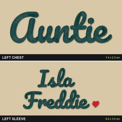 Auntie Sweatshirt with Names on the Sleeve: close-up of the real stitches with sizes
