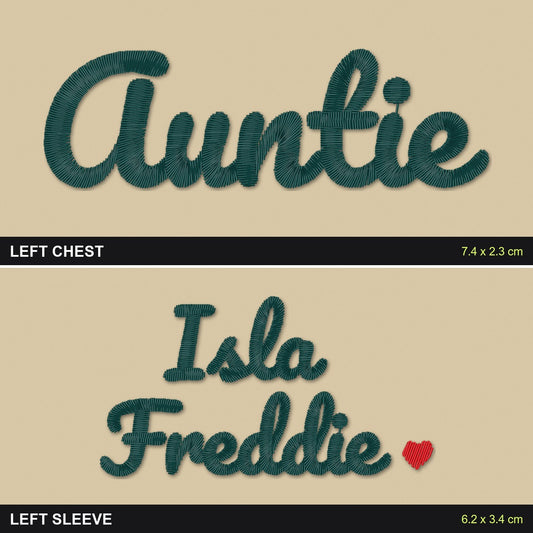 Auntie Sweatshirt with Names on the Sleeve: close-up of the real stitches with sizes