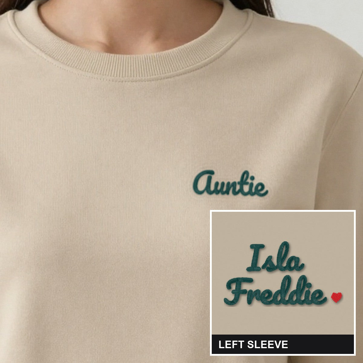 Auntie Sweatshirt with Names on the Sleeve, adult sweatshirt in sand, embroidered