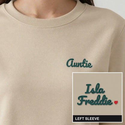 Auntie Sweatshirt with Names on the Sleeve, adult sweatshirt in sand, embroidered