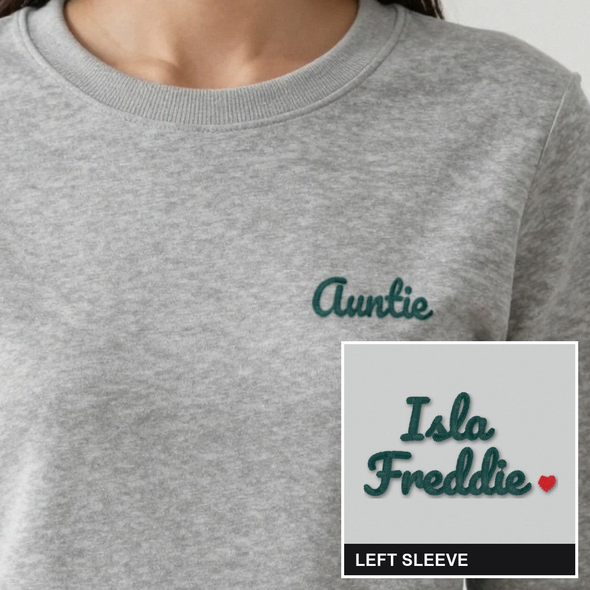 Auntie Sweatshirt with Names on the Sleeve, adult sweatshirt in ash, embroidered