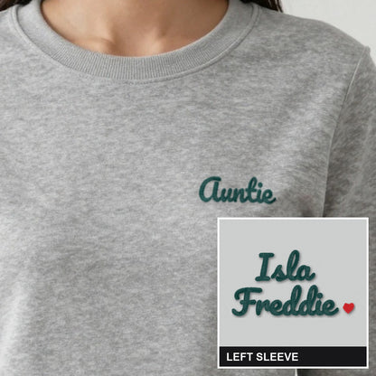 Auntie Sweatshirt with Names on the Sleeve, adult sweatshirt in ash, embroidered