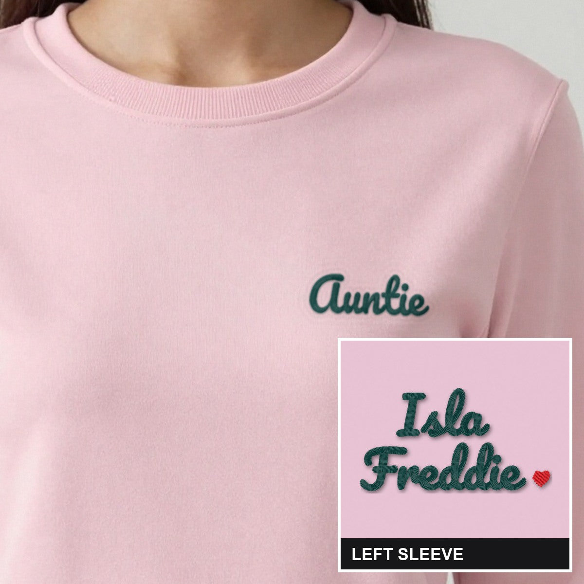 Auntie Sweatshirt with Names on the Sleeve, adult sweatshirt in light pink, embroidered