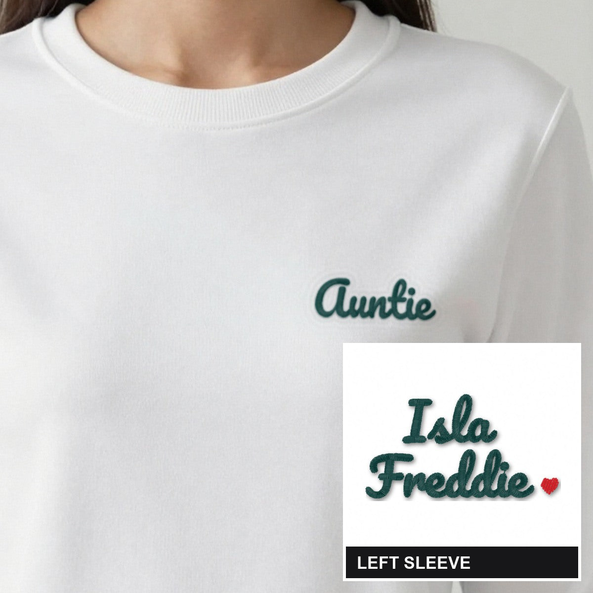 Auntie Sweatshirt with Names on the Sleeve, adult sweatshirt in white, embroidered