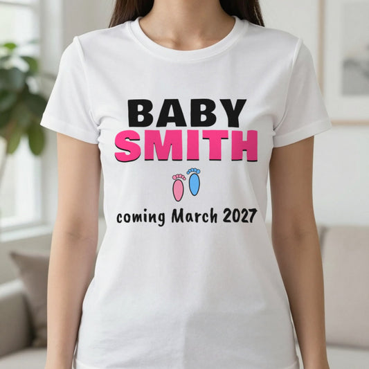 Personalised Baby Coming Soon T-Shirt T-Shirt in White, worn, our photo