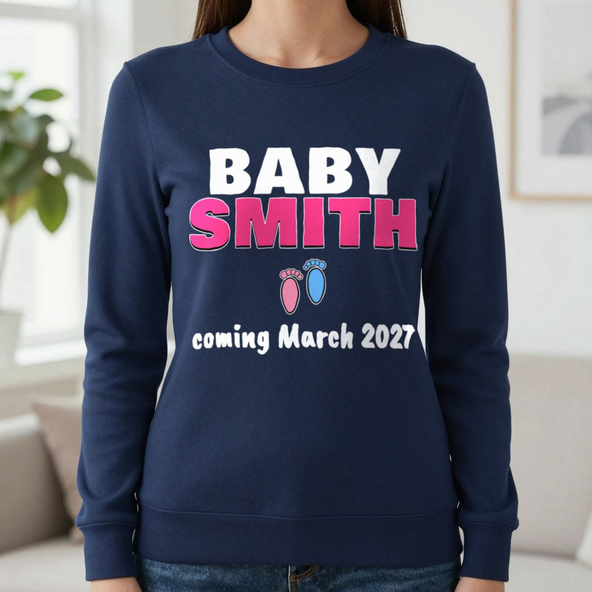 Personalised Baby Coming Soon T-Shirt Sweatshirt in Navy, worn, our photo