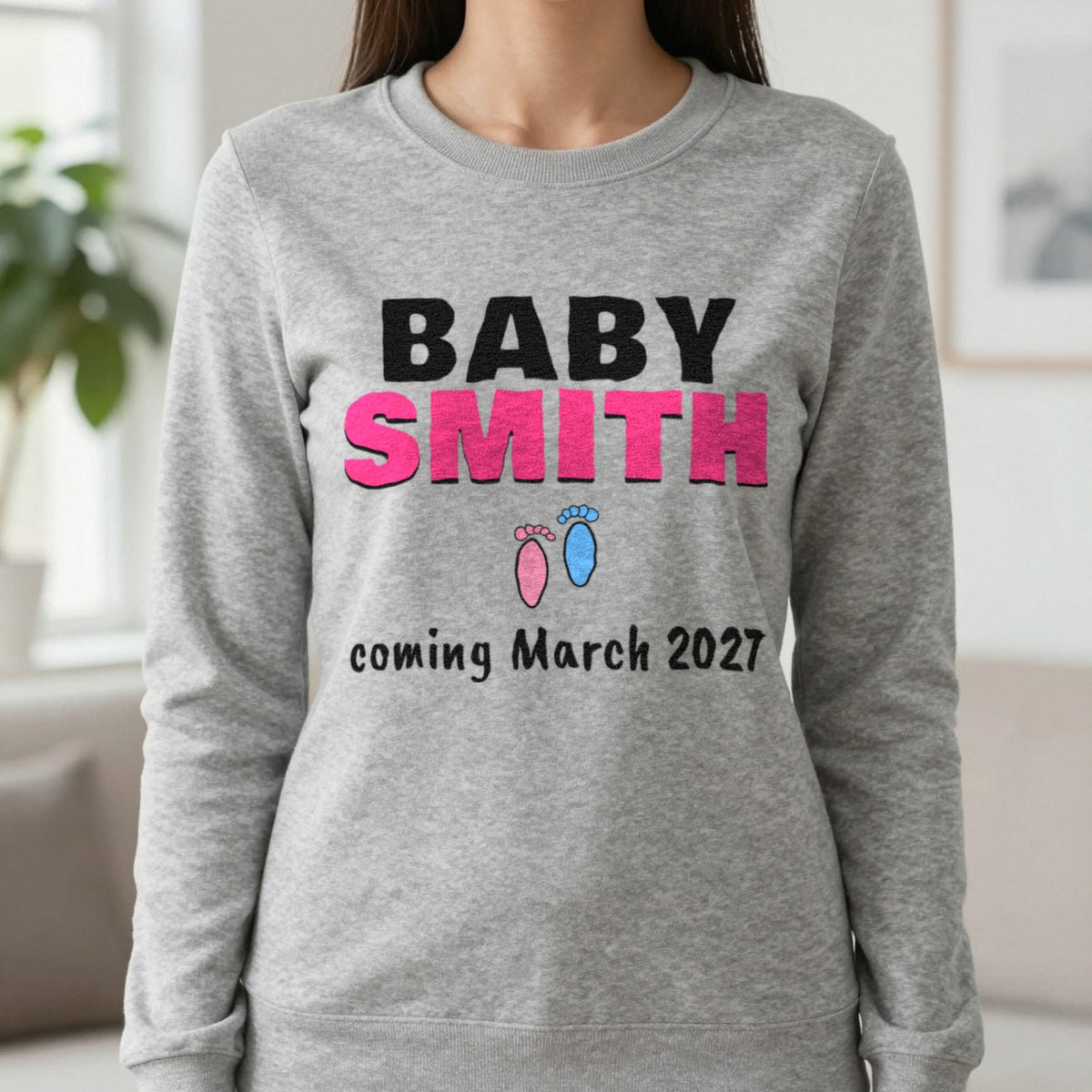 Personalised Baby Coming Soon T-Shirt Sweatshirt in Sport Grey, worn, our photo
