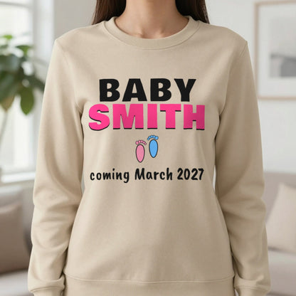 Personalised Baby Coming Soon T-Shirt Sweatshirt in Sand, worn, our photo