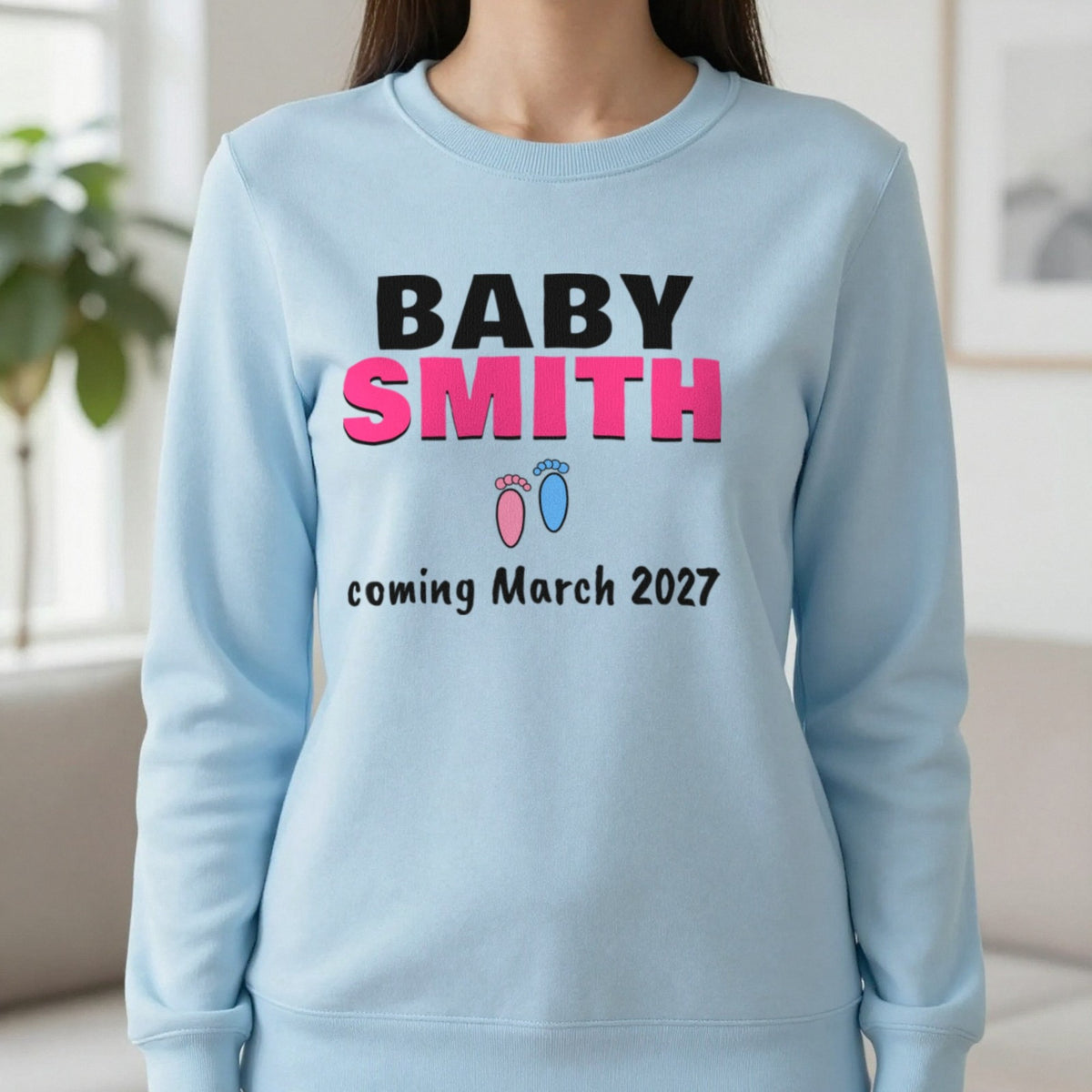 Personalised Baby Coming Soon T-Shirt Sweatshirt in Light Blue, worn, our photo
