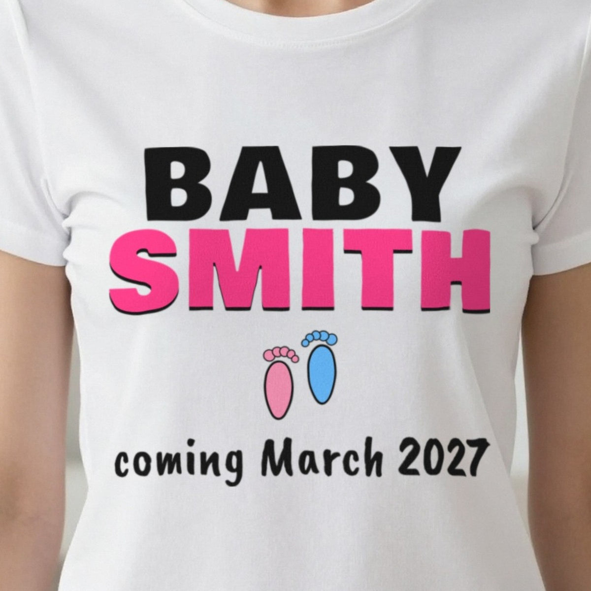 Personalised Baby Coming Soon T-Shirt print close-up, our photo