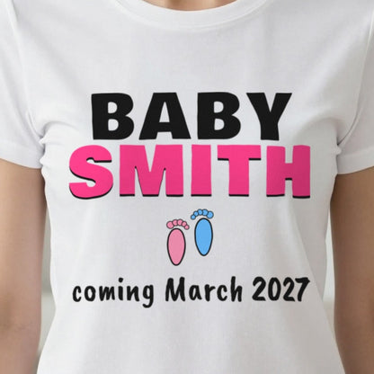 Personalised Baby Coming Soon T-Shirt print close-up, our photo