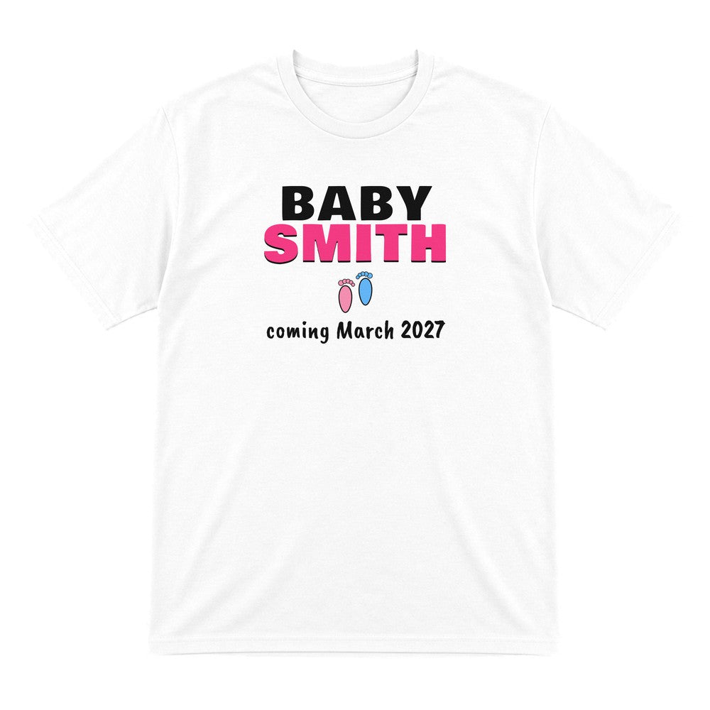 Personalised Baby Coming Soon T-Shirt laid flat