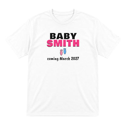 Personalised Baby Coming Soon T-Shirt laid flat