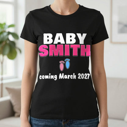 Personalised Baby Coming Soon T-Shirt T-Shirt in Black, worn, our photo